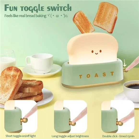 Desk Decor Toaster Lamp, Rechargeable Small Lamp with Smile Face Toast Bread - Picture 2 of 3